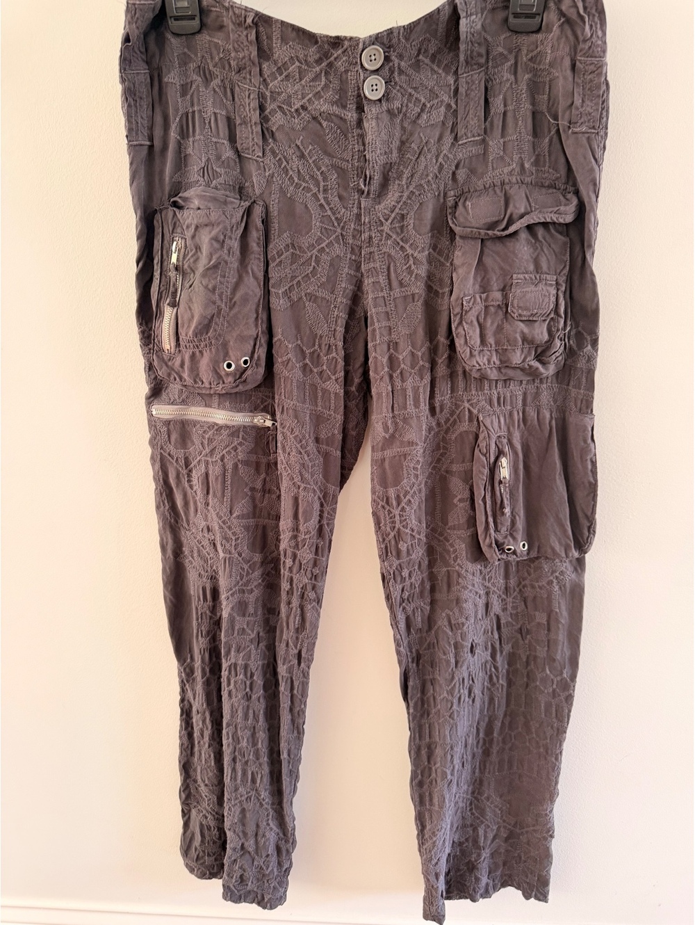 Men's Gray Crinkle Cargo Pants with Multiple Zippered and Flap Pockets Size 6